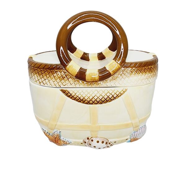 Vintage Ceramic Beach Bag Shape with Shells 9.5  Nautical Cookie Jar - Picture 1 of 13